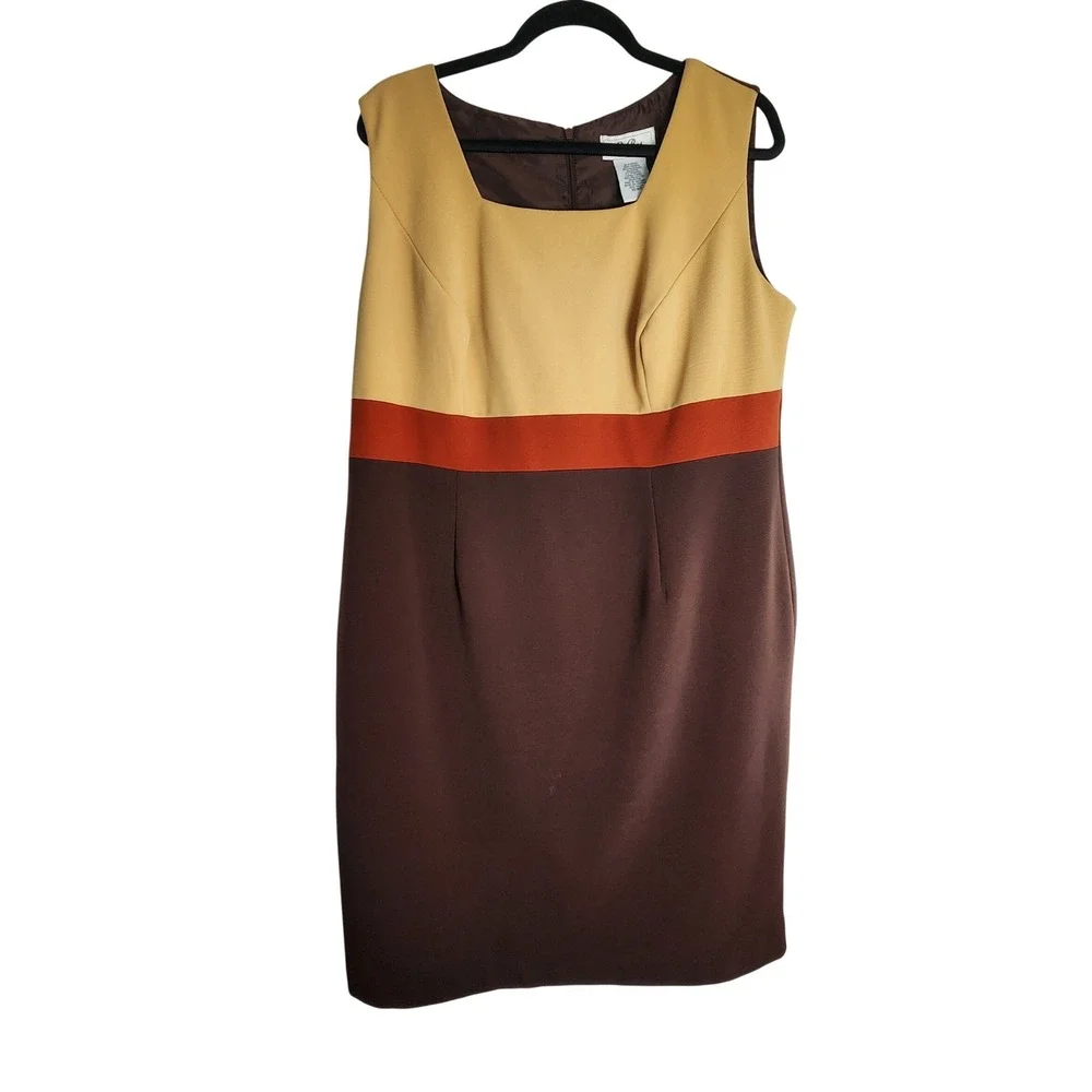 VTG Y2K Le Bos Womens Colorblock Sheath Dress & Jacket Set Brown Tan Orange 16WP
